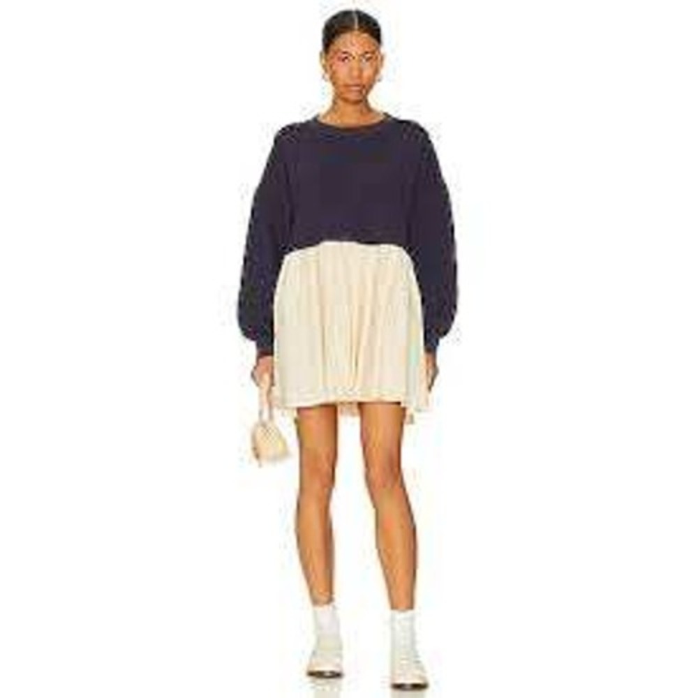 NWT Free People Eleanor Navy and Cream Sweatshirt/Mini Dress Size Large